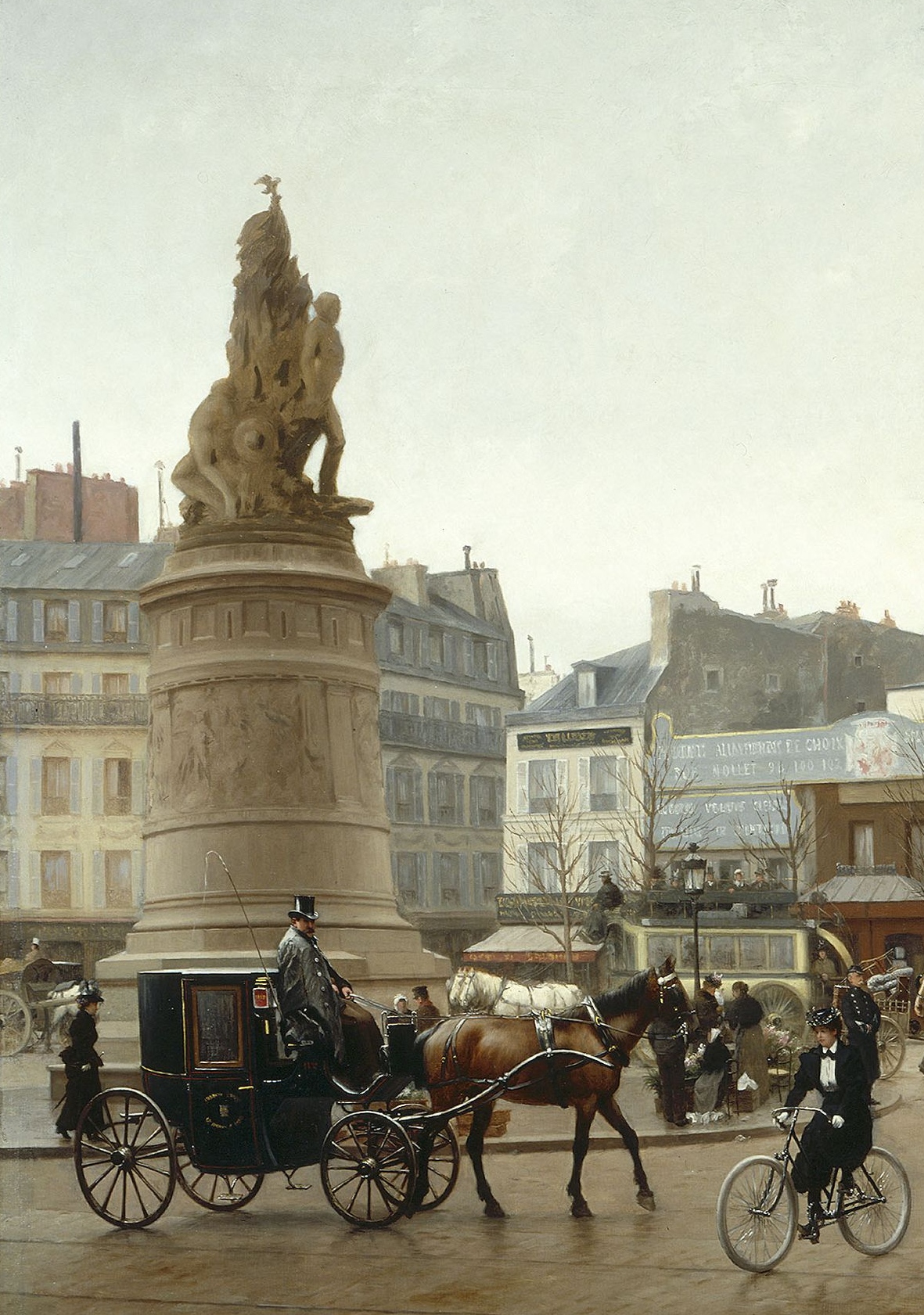 Détail du monument au maréchal Moncey par Amédée Doublemard dans un tableau d'Edmond Grandjean, La Place de Clichy