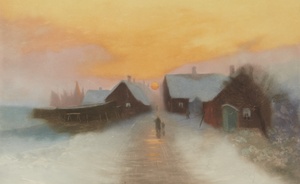 Grimelund, Rue de village sous la neige au soleil couchant, ou La Neige en Norvège, PPG2313