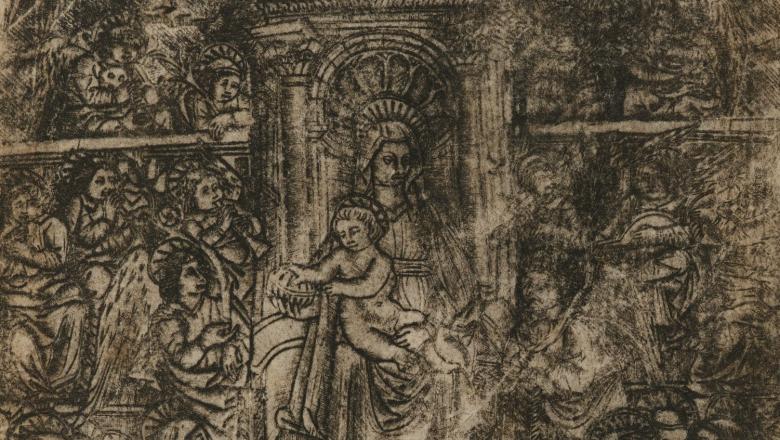 Nielle sur papier : La Vierge et l'enfant Jésus entourés d'anges et de Saints