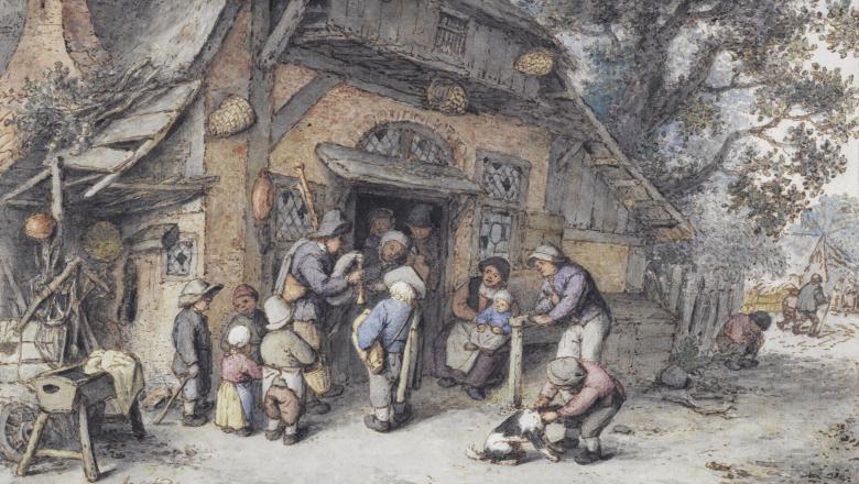 Van Ostade, Joueurs de cornemuse et de vielle, devant une ferme, DDUT1009