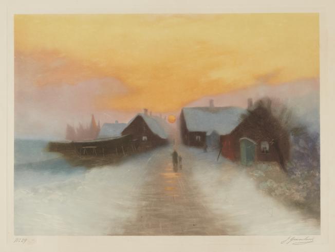 Grimelund, Rue de village sous la neige au soleil couchant, ou La Neige en Norvège, PPG2313