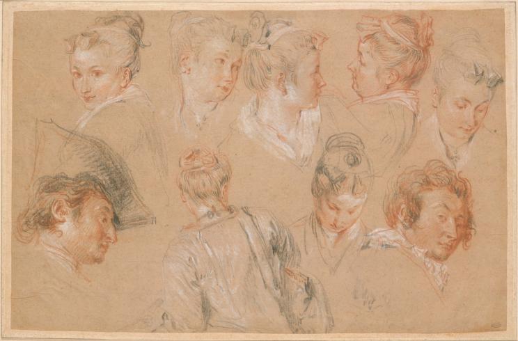 Jean-Antoine Watteau, Feuille d’étude de neuf têtes, DDUT972
