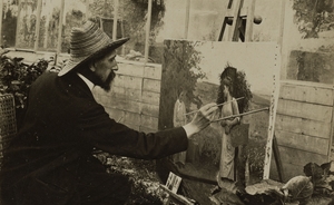 Anonyme, Portrait du peintre Bellanger peignant dans un jardin de profil, PPPH00567